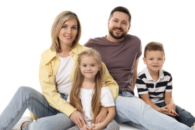 Photo of Happy parents and their children on white background