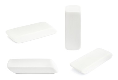 Image of Eraser isolated on white, collage. Different sides