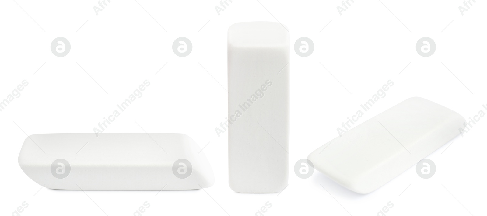 Image of Eraser isolated on white, collage. Different sides