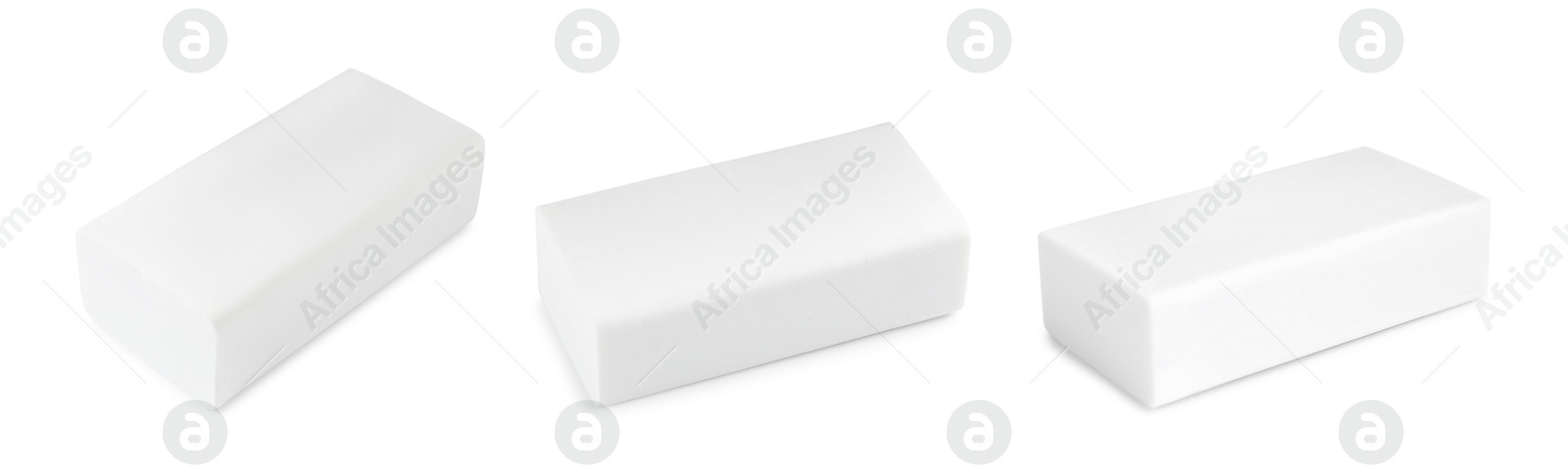 Image of Eraser isolated on white, collage. Different sides