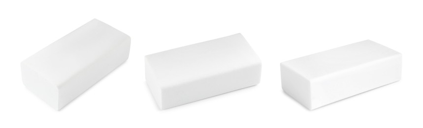 Image of Eraser isolated on white, collage. Different sides