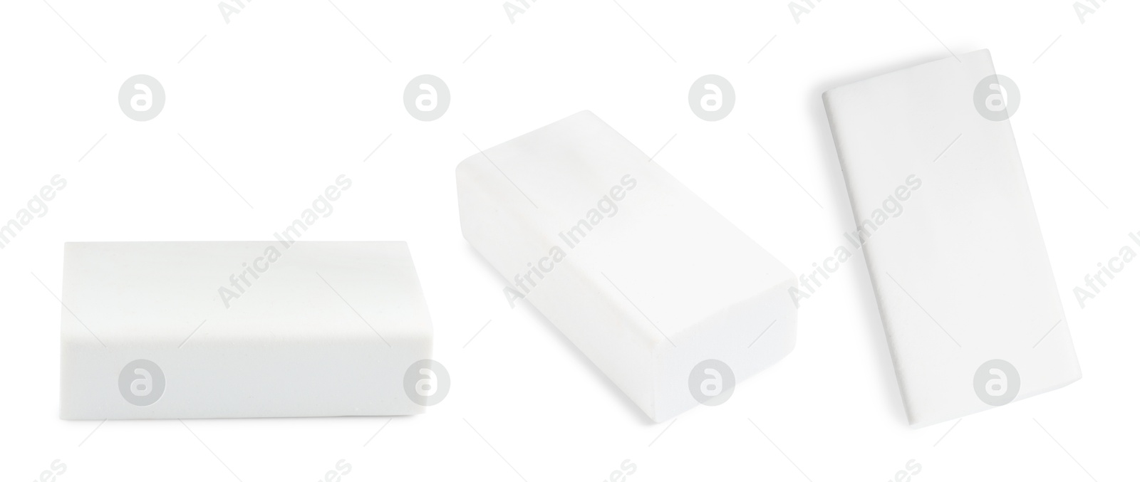 Image of Eraser isolated on white, collage. Different sides