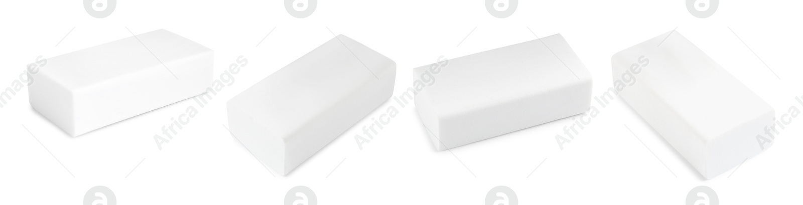 Image of Eraser isolated on white, collage. Different sides