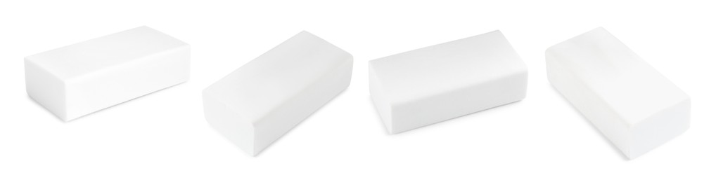 Image of Eraser isolated on white, collage. Different sides