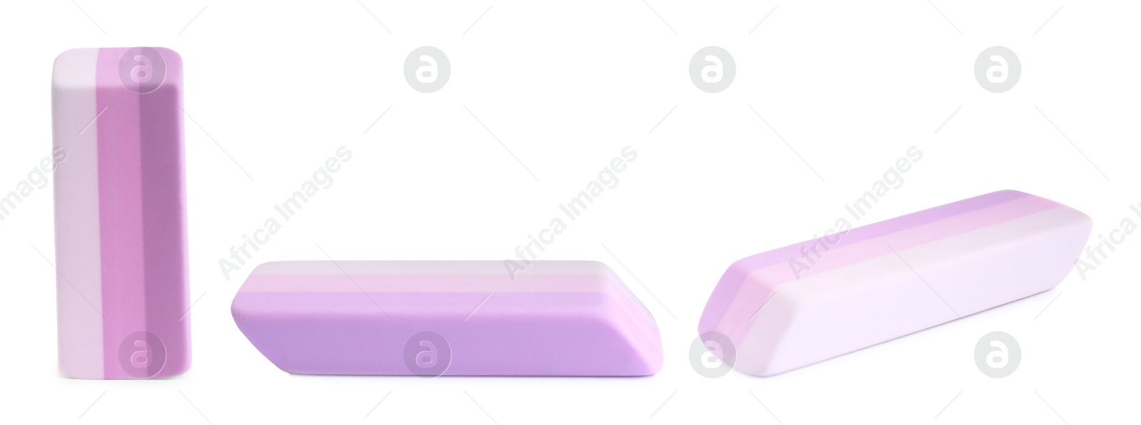 Image of Eraser isolated on white, collage. Different sides