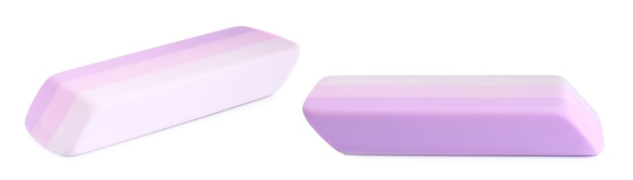 Image of Eraser isolated on white, collage. Different sides