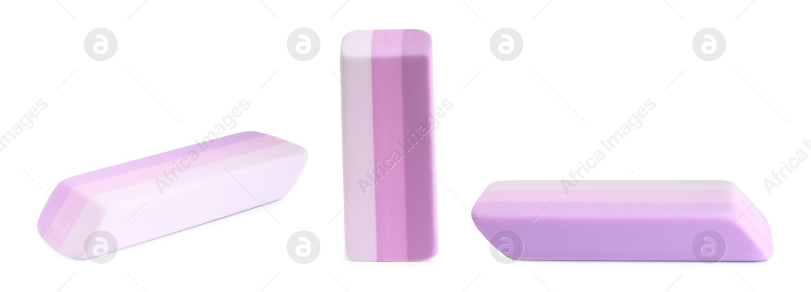 Image of Eraser isolated on white, collage. Different sides