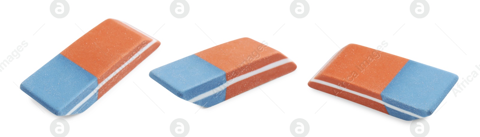 Image of Eraser isolated on white, collage. Different sides