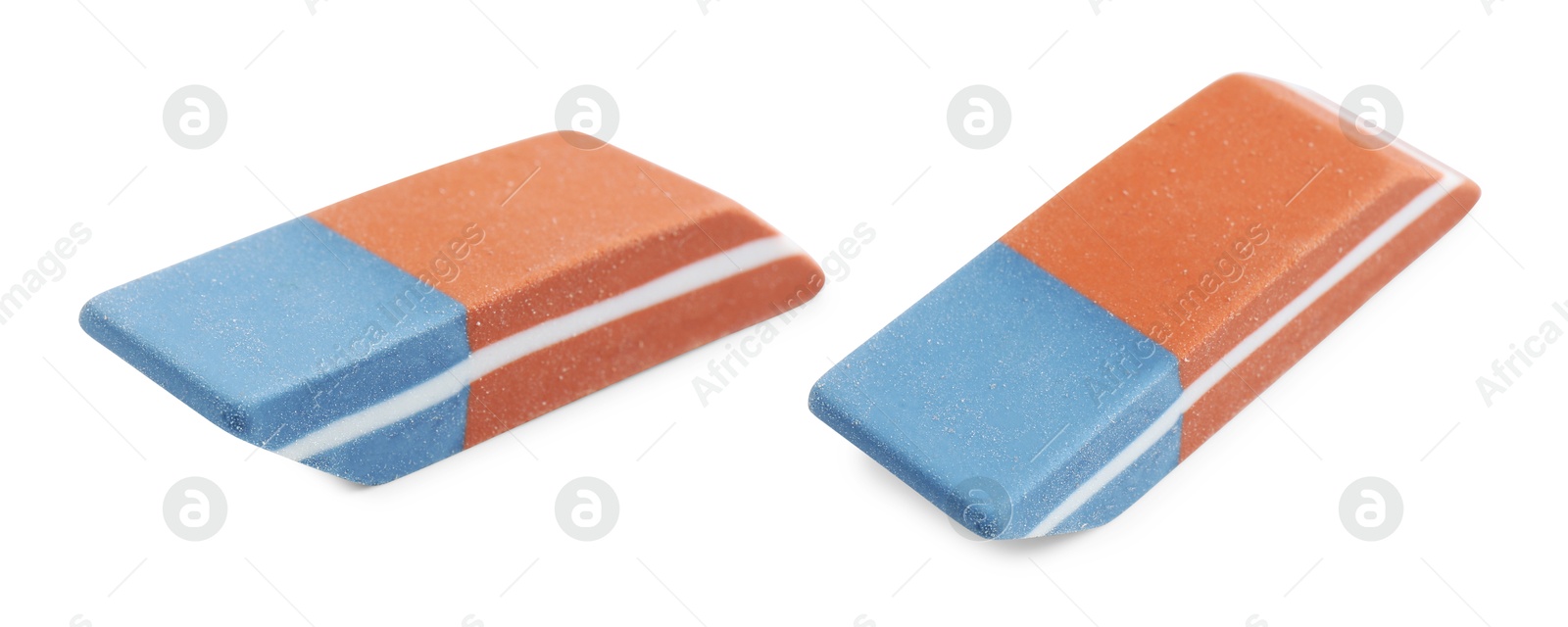 Image of Eraser isolated on white, collage. Different sides