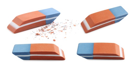 Image of Eraser isolated on white, collage. Different sides