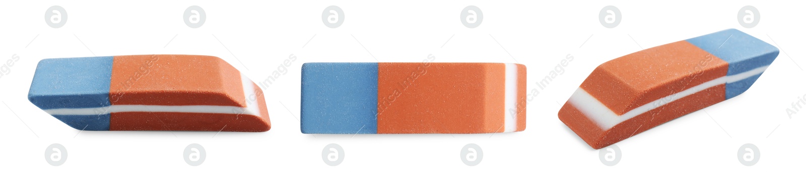 Image of Eraser isolated on white, collage. Different sides