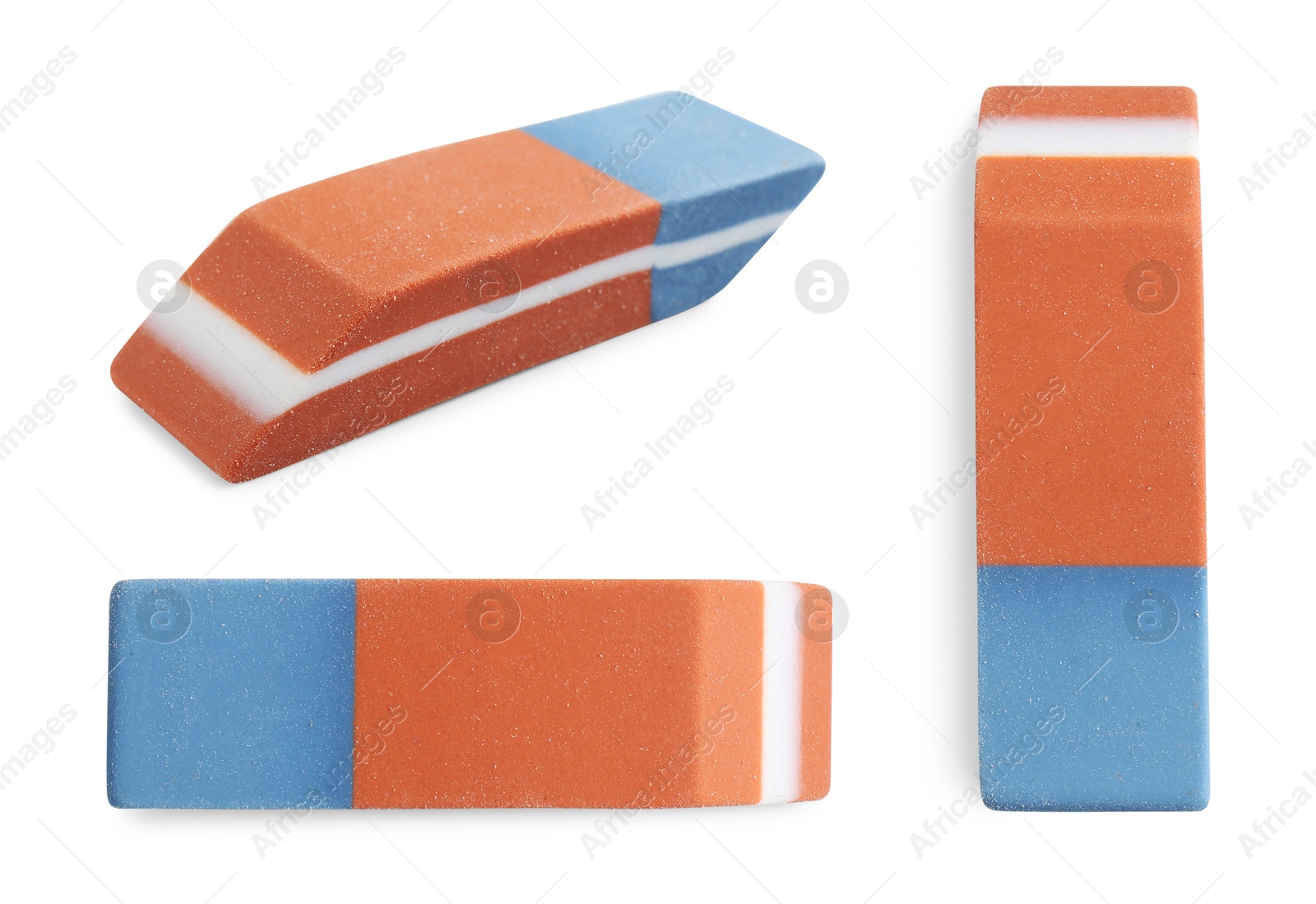 Image of Eraser isolated on white, collage. Different sides