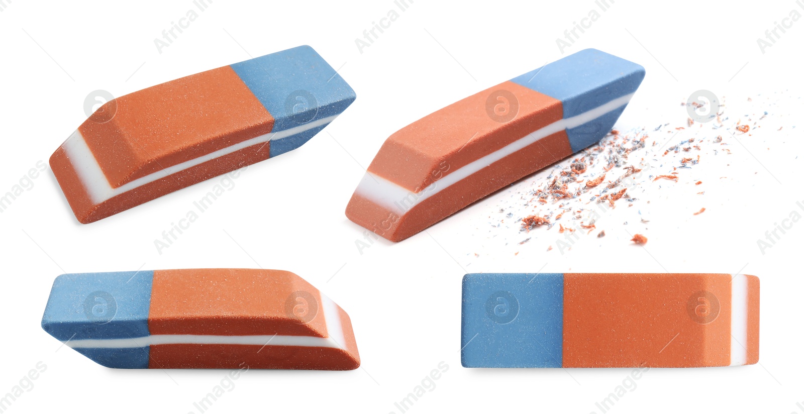 Image of Eraser isolated on white, collage. Different sides