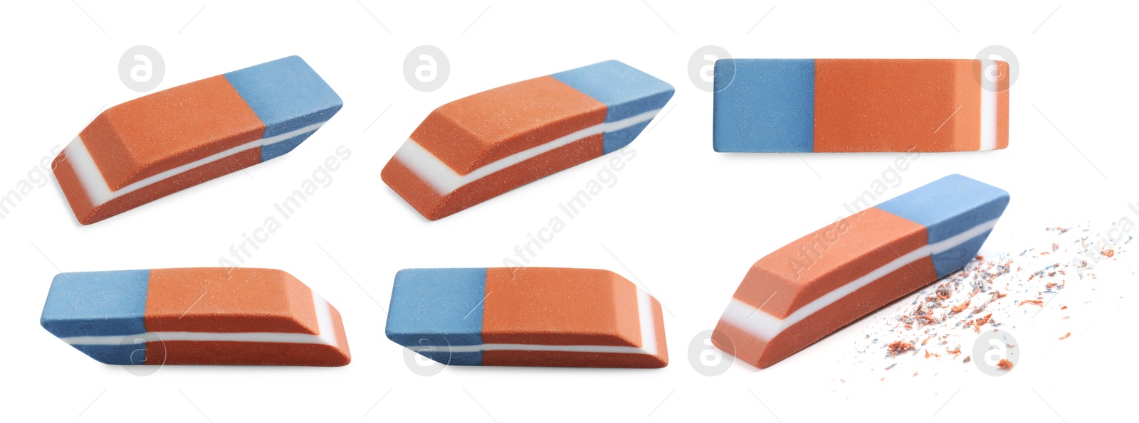 Image of Eraser isolated on white, collage. Different sides