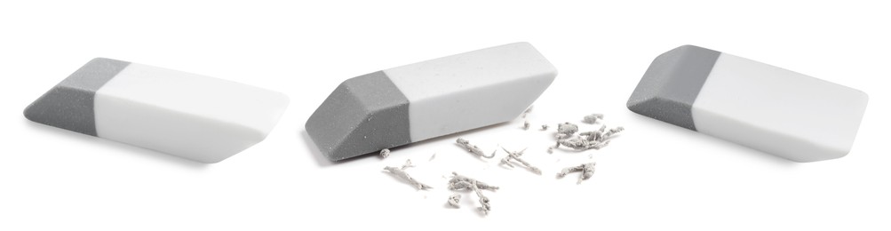 Image of Eraser isolated on white, collage. Different sides