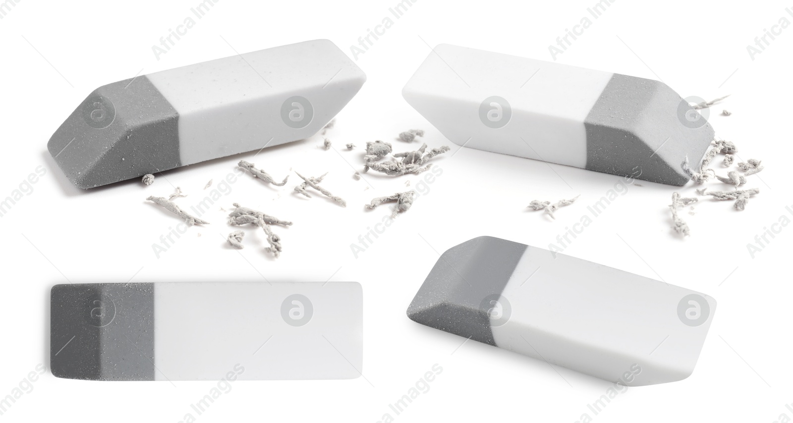 Image of Eraser isolated on white, collage. Different sides