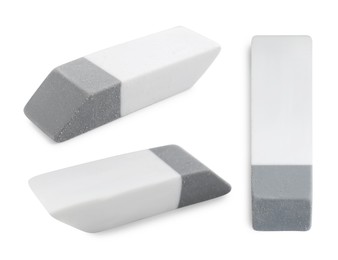 Image of Eraser isolated on white, collage. Different sides