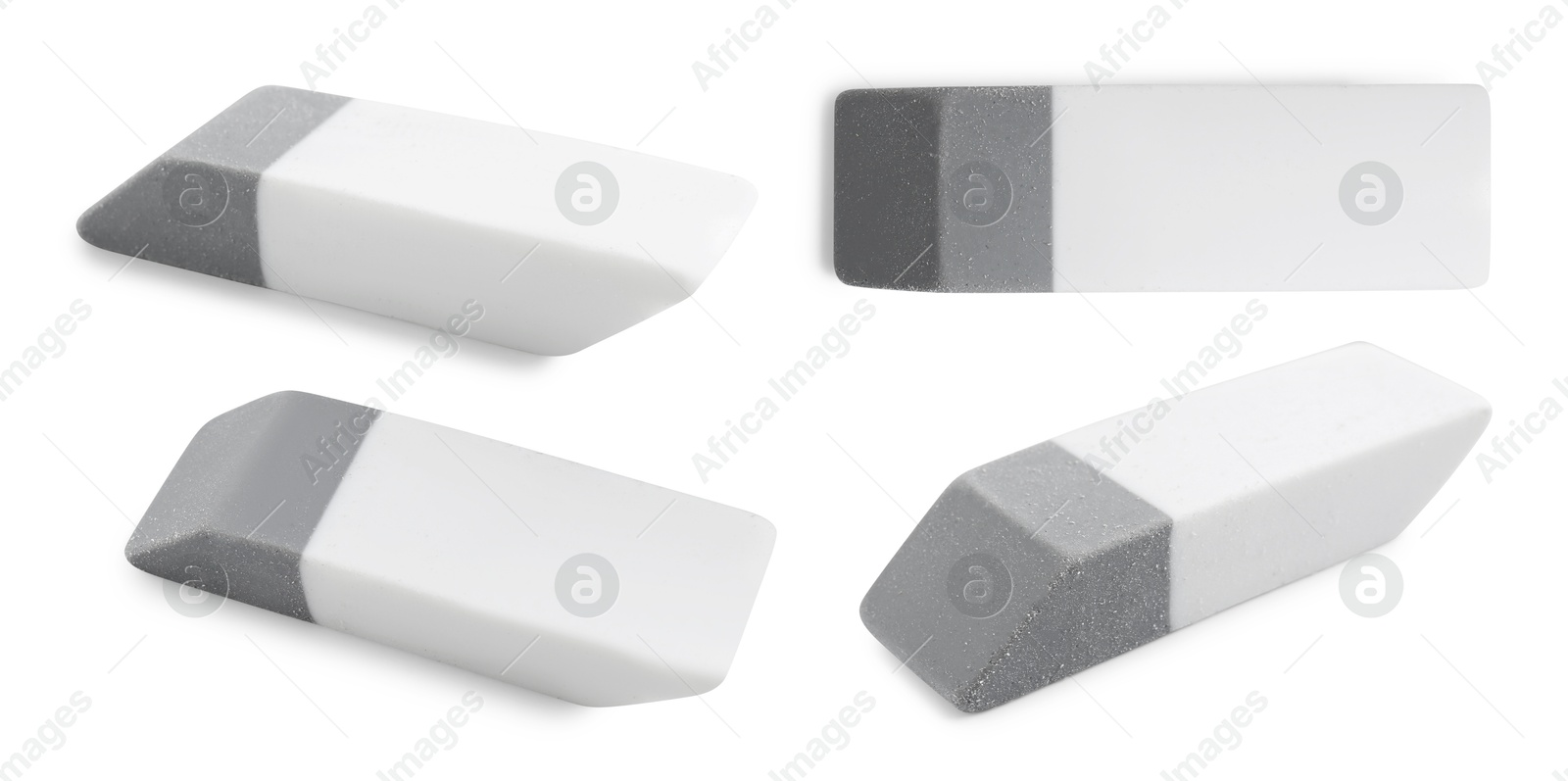 Image of Eraser isolated on white, collage. Different sides