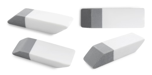 Image of Eraser isolated on white, collage. Different sides