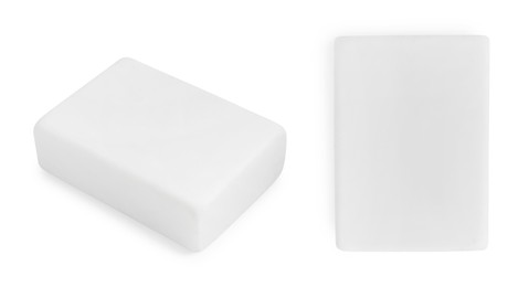 Image of Eraser isolated on white, collage. Different sides