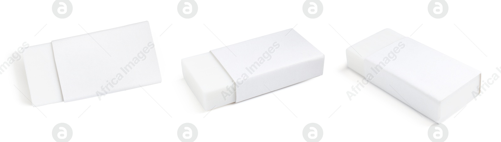 Image of Eraser isolated on white, collage. Different sides