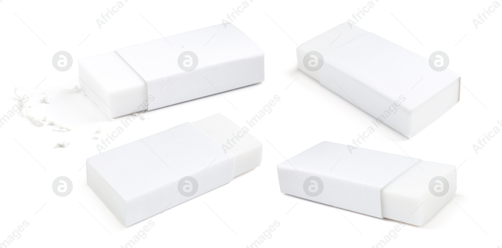 Image of Eraser isolated on white, collage. Different sides