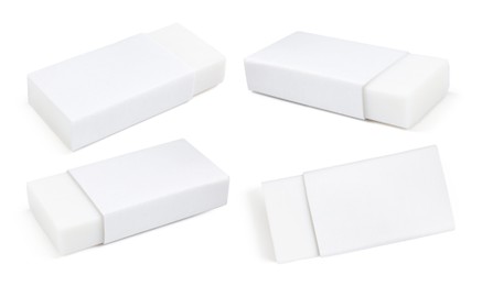 Image of Eraser isolated on white, collage. Different sides