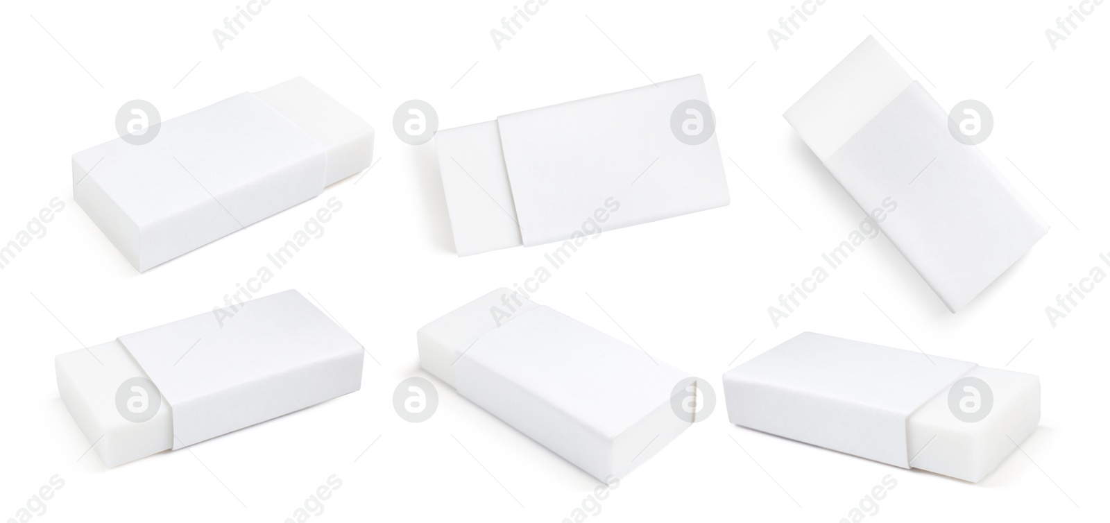 Image of Eraser isolated on white, collage. Different sides