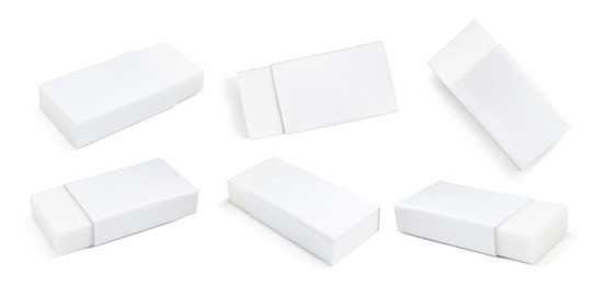 Image of Eraser isolated on white, collage. Different sides