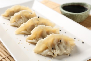 Photo of Delicious gyoza dumplings with sesame seeds served on table, closeup