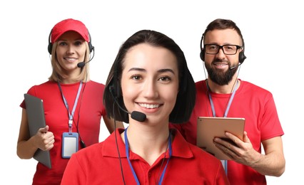 Image of Technical support call center. Friendly operators with headsets on white background