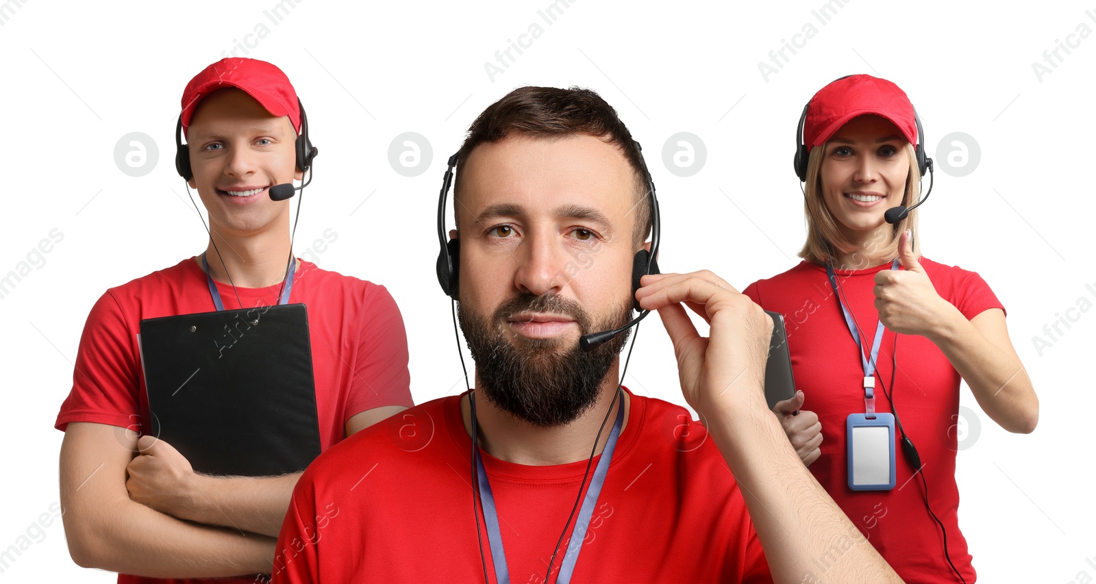 Image of Technical support call center. Friendly operators with headsets on white background