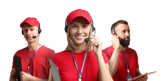 Image of Technical support call center. Friendly operators with headsets on white background