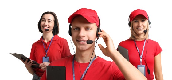 Image of Technical support call center. Friendly operators with headsets on white background