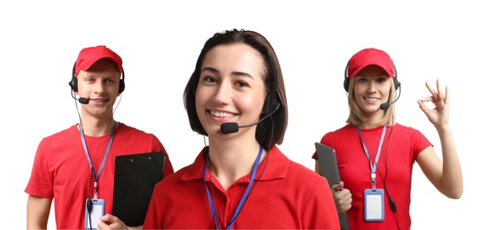 Image of Technical support call center. Friendly operators with headsets on white background