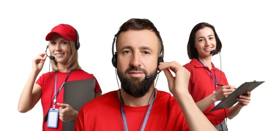 Image of Technical support call center. Friendly operators with headsets on white background