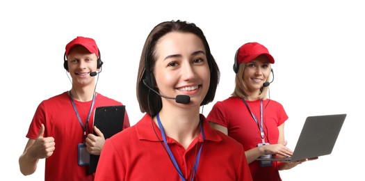 Technical support call center. Friendly operators with headsets on white background