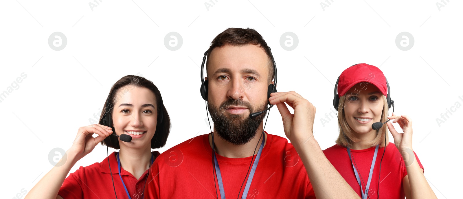 Image of Technical support call center. Friendly operators with headsets on white background