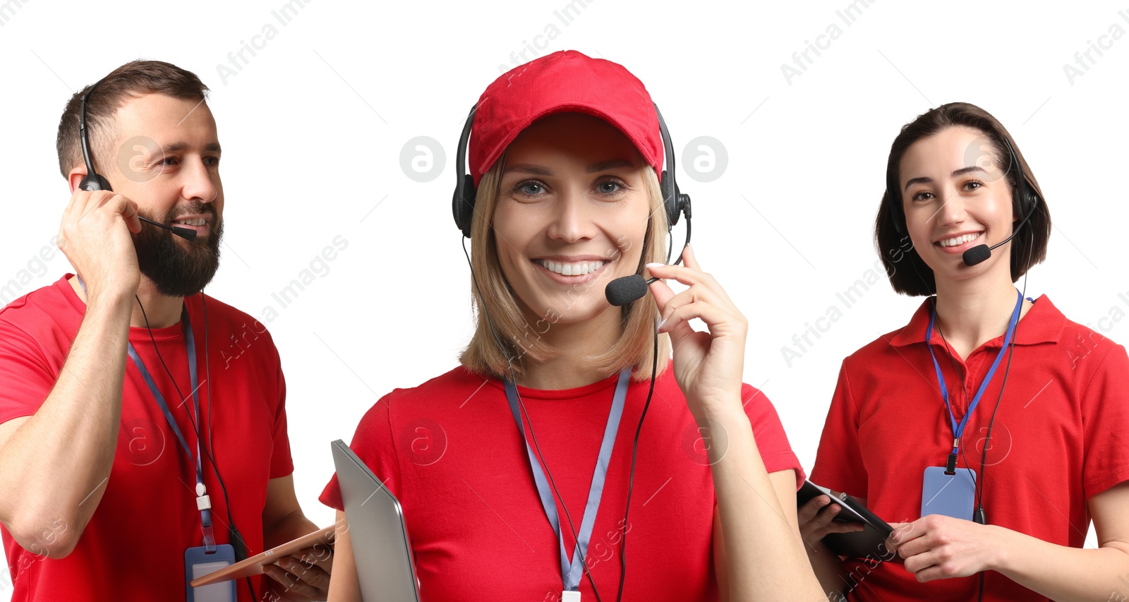 Image of Technical support call center. Friendly operators with headsets on white background