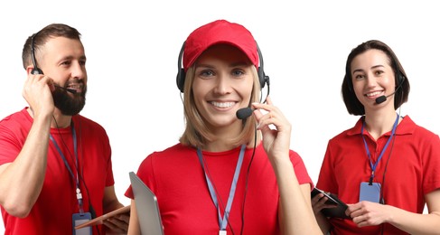 Technical support call center. Friendly operators with headsets on white background