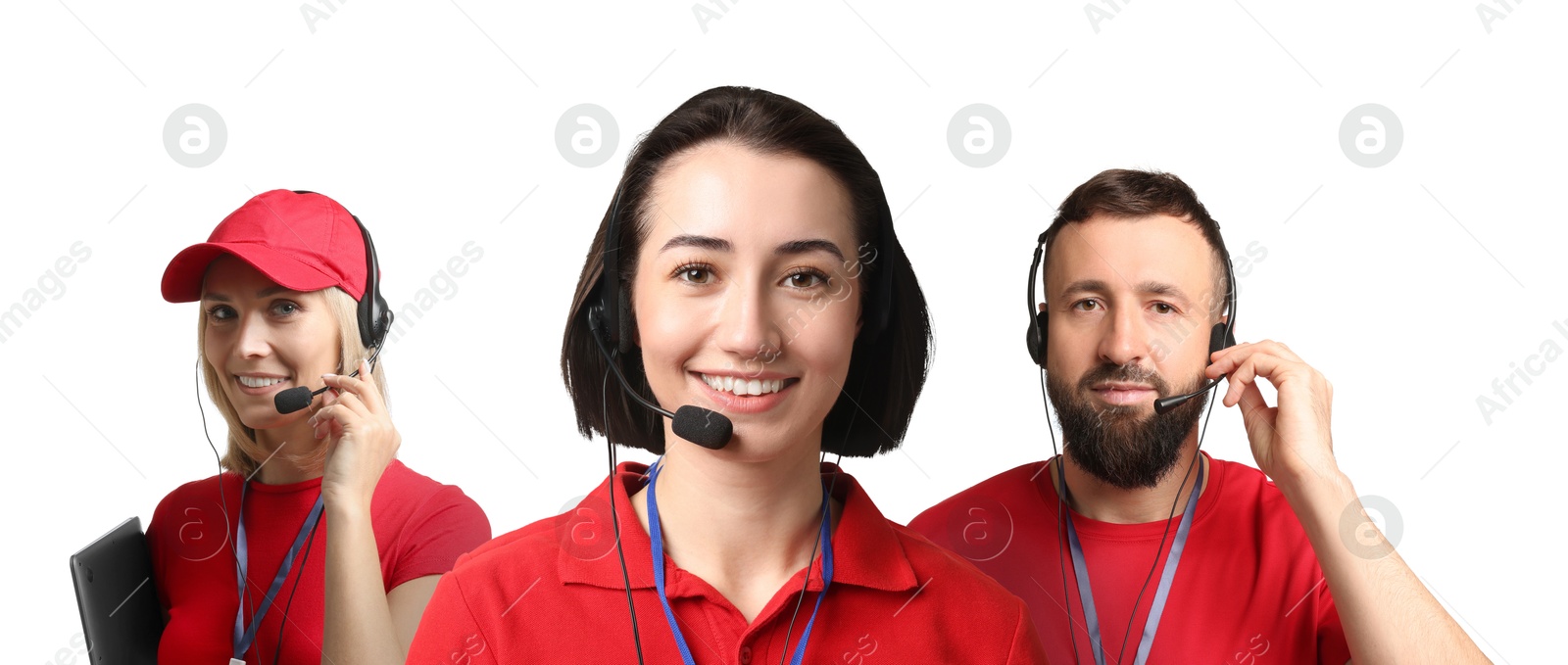 Image of Technical support call center. Friendly operators with headsets on white background