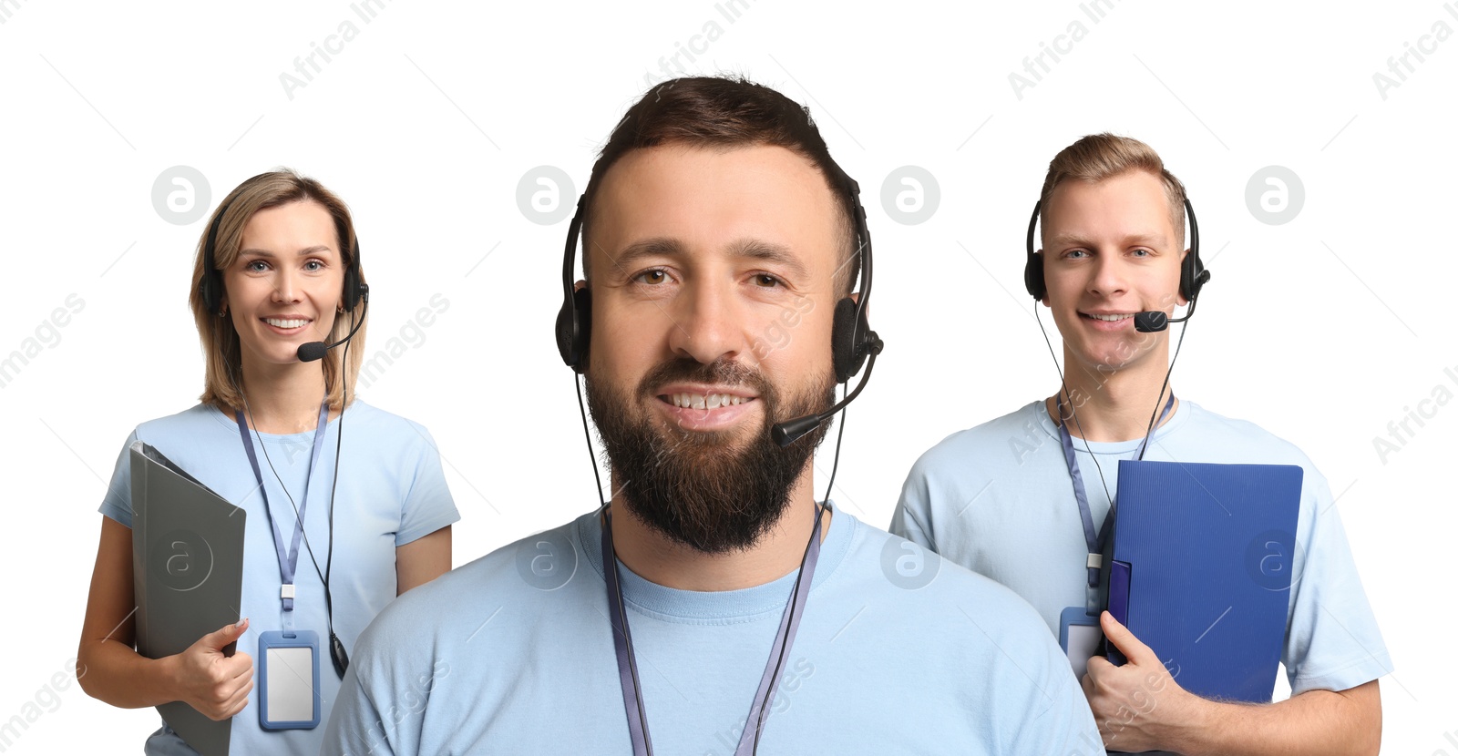 Image of Technical support call center. Friendly operators with headsets on white background