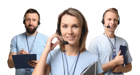 Technical support call center. Friendly operators with headsets on white background