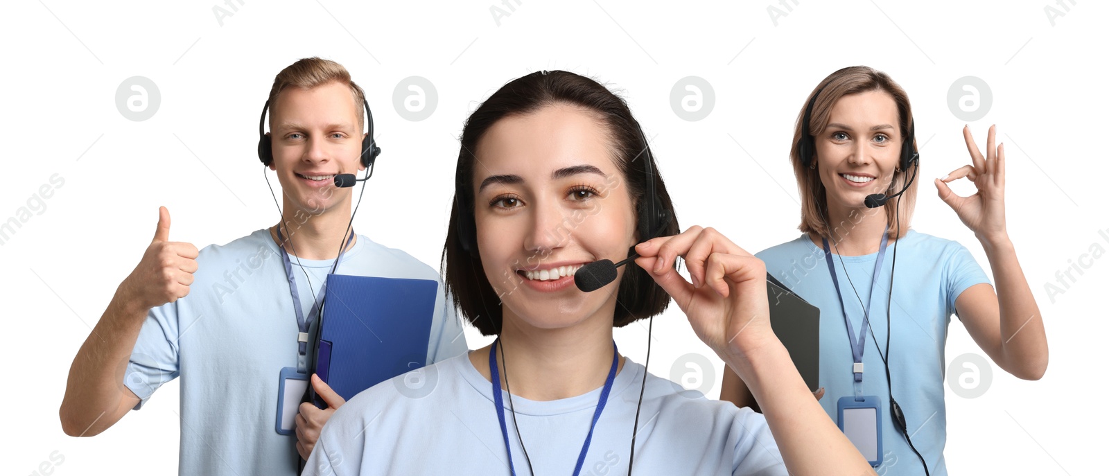 Image of Technical support call center. Friendly operators with headsets on white background