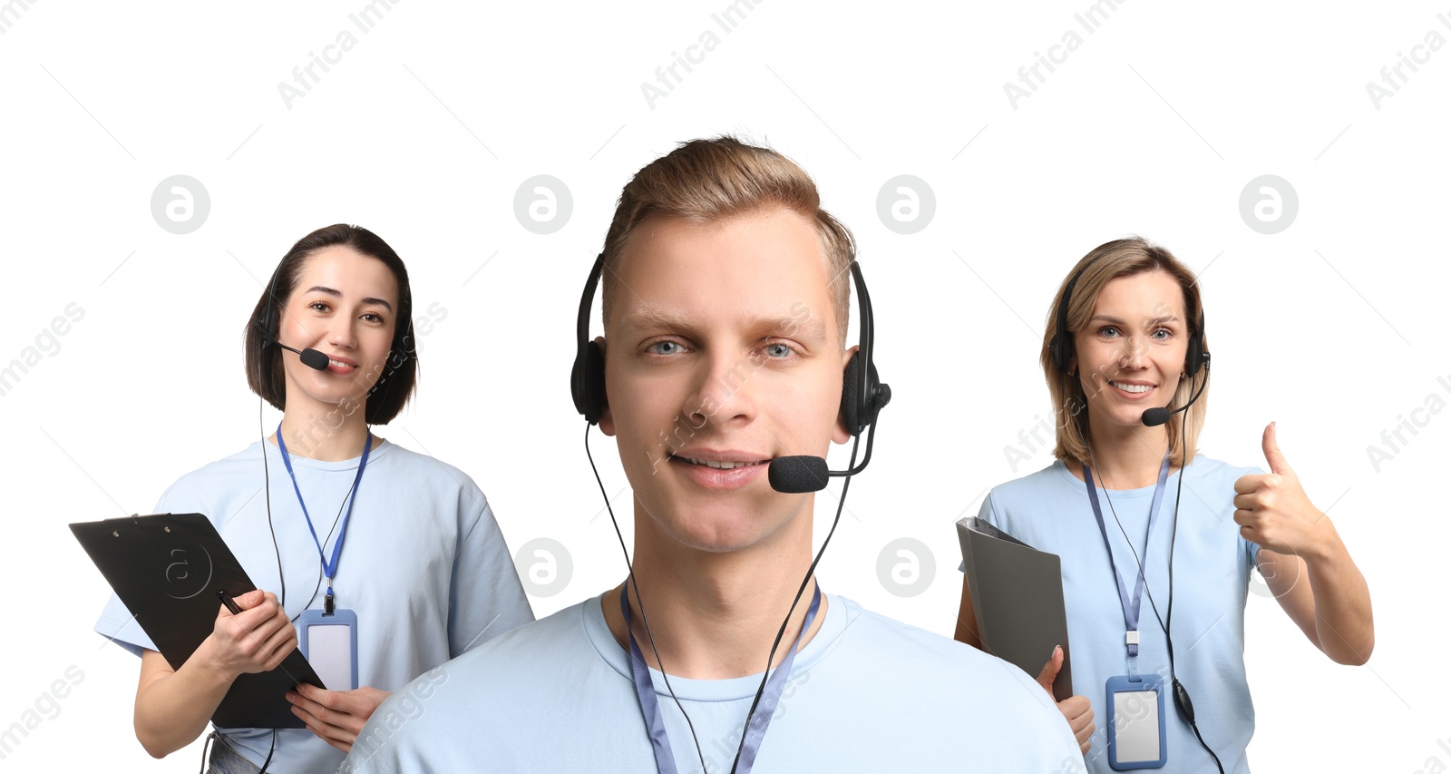 Image of Technical support call center. Friendly operators with headsets on white background