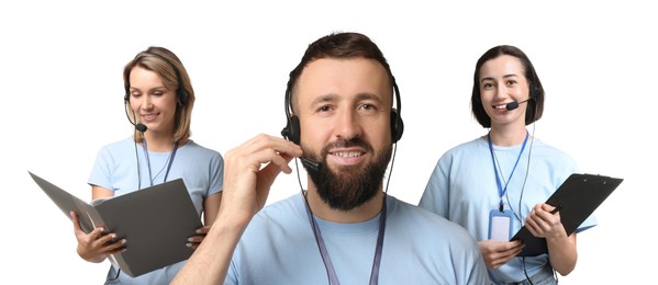 Image of Technical support call center. Friendly operators with headsets on white background