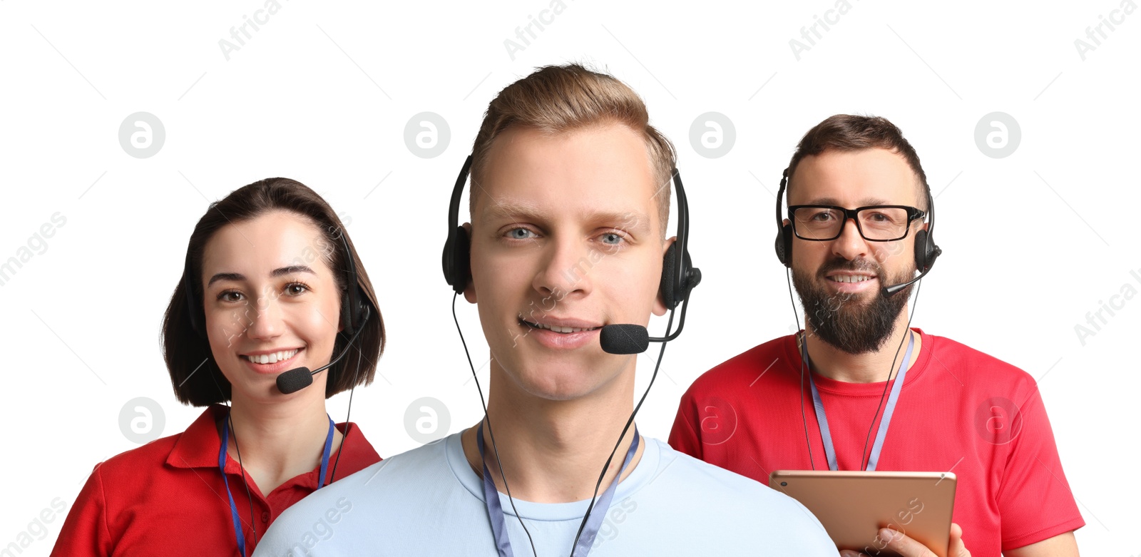 Image of Technical support call center. Friendly operators with headsets on white background