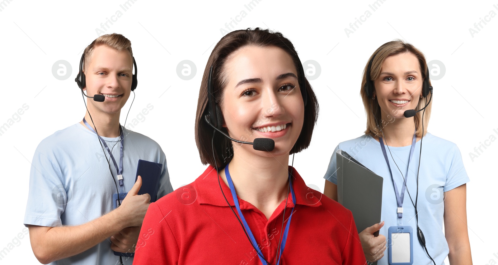 Image of Technical support call center. Friendly operators with headsets on white background