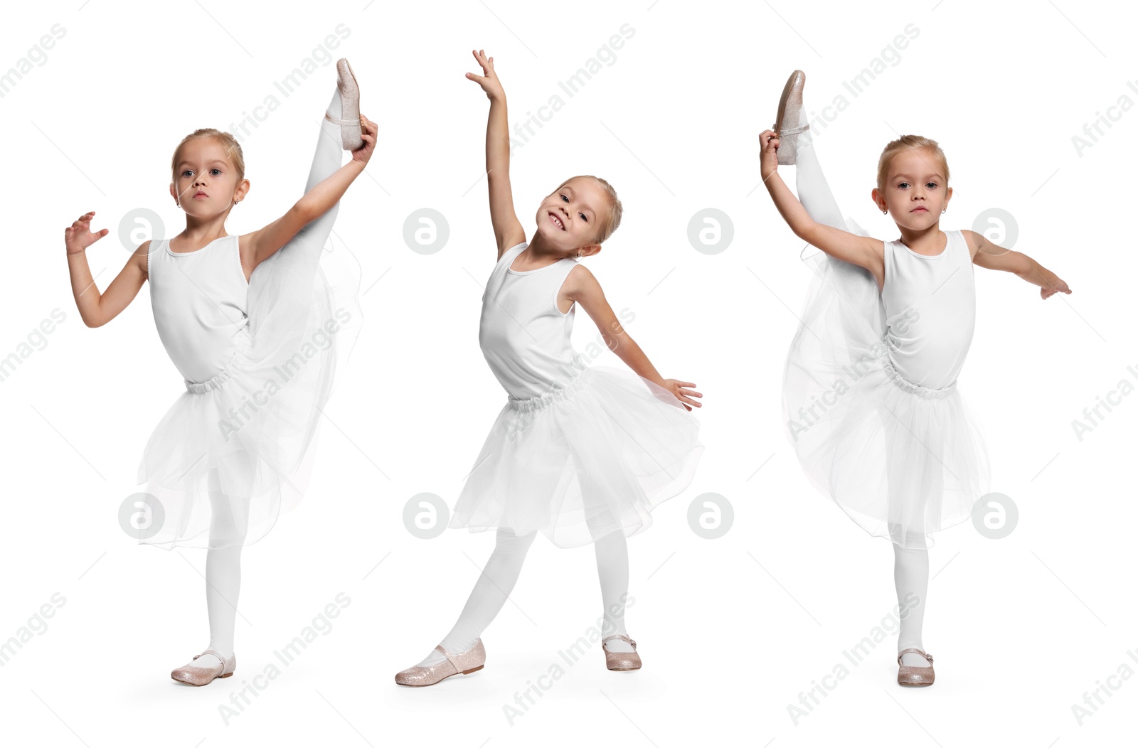 Image of Small ballerina on white background, collage of photos