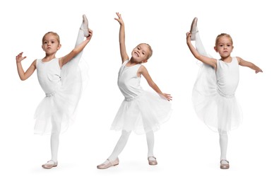 Image of Small ballerina on white background, collage of photos